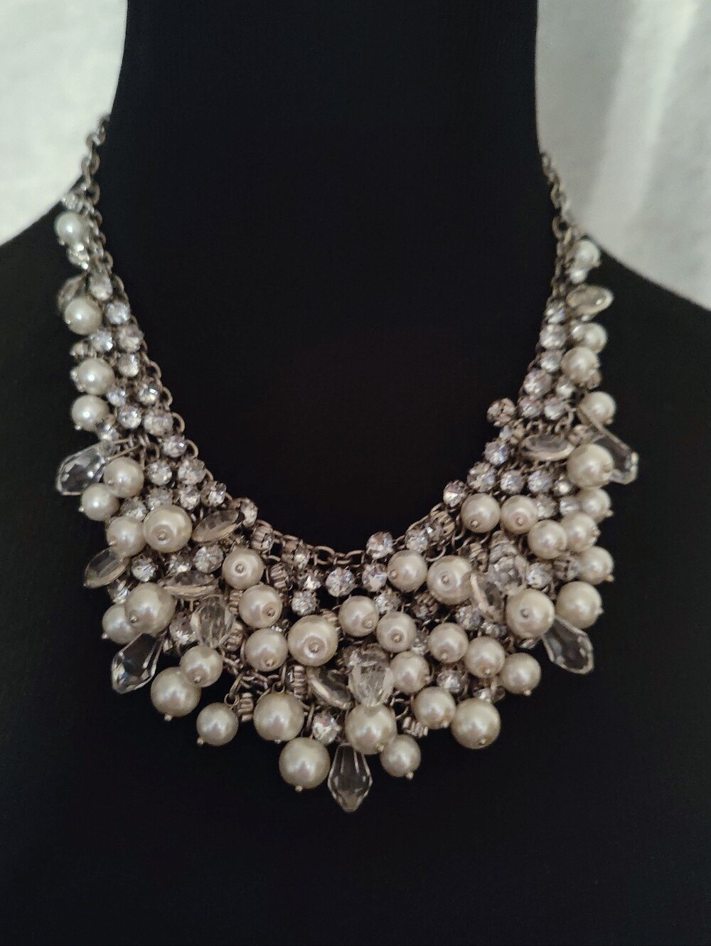 Ann Taylor Pearl Crystal Statement Necklace Silver Tone Bib Necklace Wedding